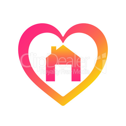 House with heart above chimney. COVID 19 or coronavirus protection campaign logo. Self isolation appeal as sign or symbol. Virus prevention concept. Please stay at home.