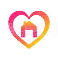 House with heart above chimney. COVID 19 or coronavirus protection campaign logo. Self isolation appeal as sign or symbol. Virus prevention concept. Please stay at home.