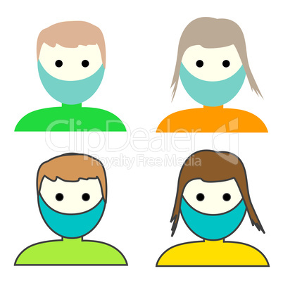 Man and Woman medical face protection mask. Icon of depressed and tired people wearing protective surgical mask. Medical concepts of sickness, disease, alergies, pollution, covid