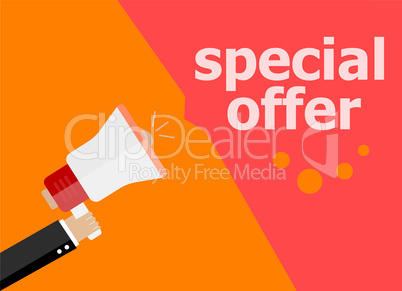 Special offer. Hand holding megaphone and speech bubble. Flat design