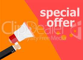 Special offer. Hand holding megaphone and speech bubble. Flat design