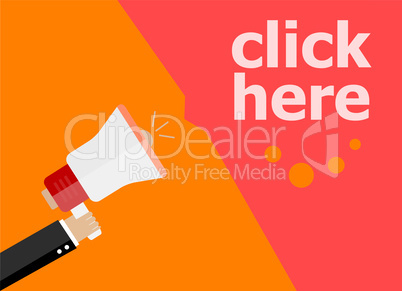 flat design business concept. Click here. digital marketing business man holding megaphone for website and promotion banners.