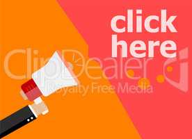 flat design business concept. Click here. digital marketing business man holding megaphone for website and promotion banners.