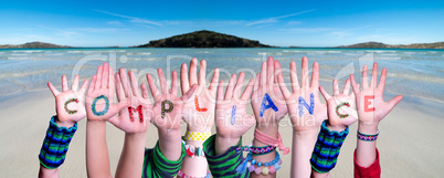 Children Hands Building Word Compliance, Ocean Background