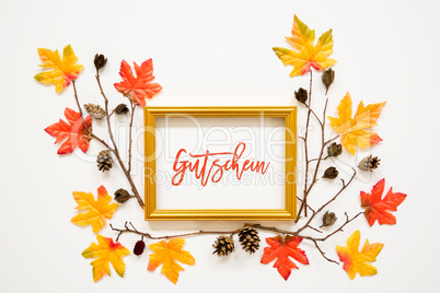 Colorful Autumn Leaf Decoration, Frame, Text Gutschein Means Voucher