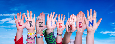 Children Hands Building Word Erziehen Means Educate, Blue Sky