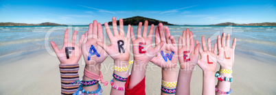 Children Hands Building Word Farewell, Ocean Background