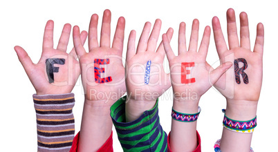 Children Hands Building Word Feier Means Celebration, Isolated Background