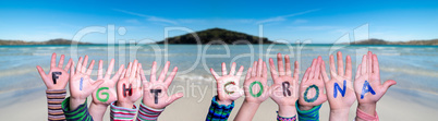 Children Hands Building Word Fight Corona, Ocean Background