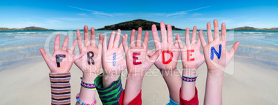 Children Hands Building Word Frieden Means Peace, Ocean Background