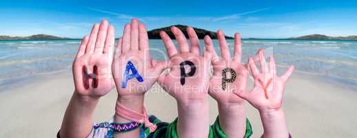 Children Hands Building Word Happy, Ocean Background