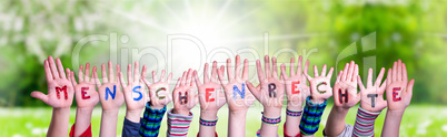 Children Hands Building Word Menschenrechte Means Human Rights, Grass Meadow