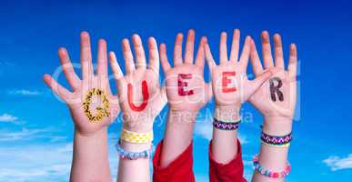 Children Hands Building Word Queer, Blue Sky