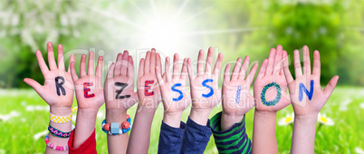 Children Hands Building Word Rezession Means Recession, Grass Meadow
