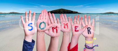 Children Hands Building Word Sommer Means Summer, Ocean Background