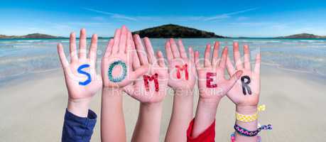 Children Hands Building Word Sommer Means Summer, Ocean Background
