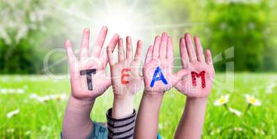 Children Hands Building Word Team, Grass Meadow