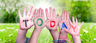 Children Hands Building Word Today, Grass Meadow