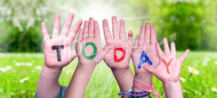 Children Hands Building Word Today, Grass Meadow
