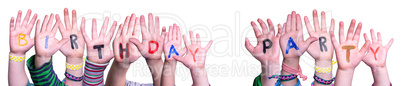 Children Hands Building Word Birthday Party, Isolated Background