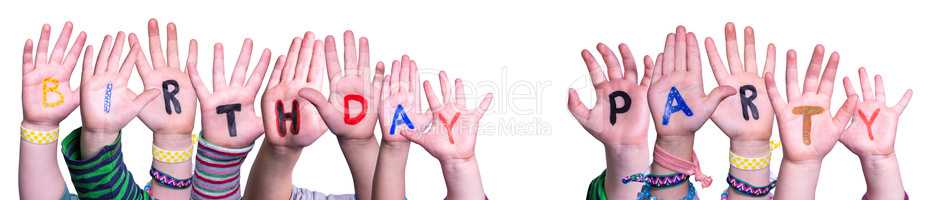Children Hands Building Word Birthday Party, Isolated Background