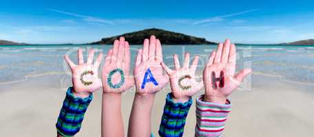 Children Hands Building Word Coach, Ocean Background