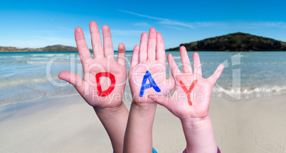 Children Hands Building Word Day, Ocean Background