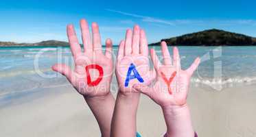 Children Hands Building Word Day, Ocean Background