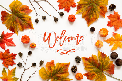 Bright Colorful Autumn Leaf Decoration, English Text Welcome