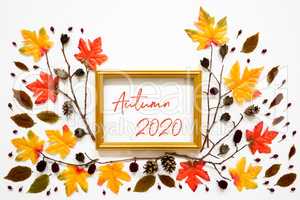 Colorful Autumn Leaf Decoration, Golden Frame, Text Autumn 2020