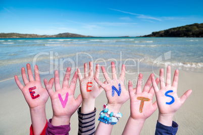 Many Children Hands Building Word Events, Ocean Background