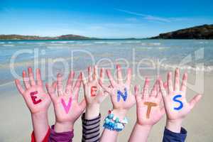 Many Children Hands Building Word Events, Ocean Background