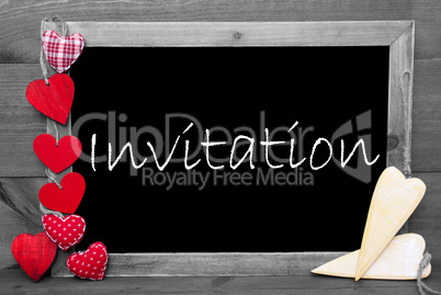 Balckboard With Red Heart Decoration, Text Invitation, Gray Wooden Background