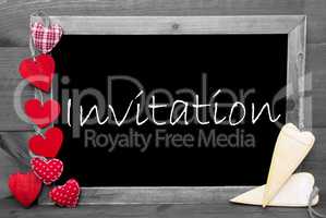 Balckboard With Red Heart Decoration, Text Invitation, Gray Wooden Background