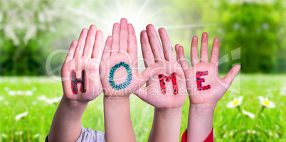 Children Hands Building Word Home, Grass Meadow