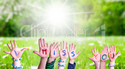 Children Hands Building Word I Miss You, Grass Meadow