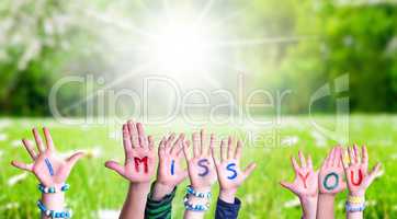 Children Hands Building Word I Miss You, Grass Meadow