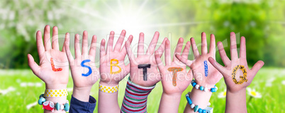 Children Hands Building Word LSBTTIQ Means LSBTQ, Grass Meadow