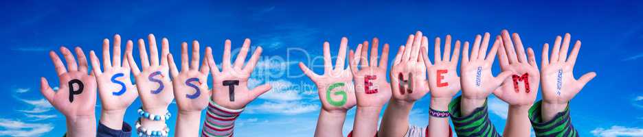 Children Hands Building Word Pssst Geheim Means Pssst Secret, Blue Sky