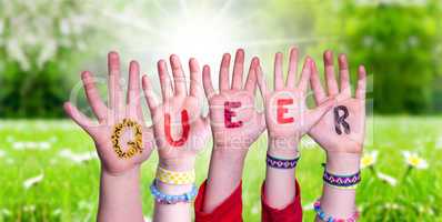 Children Hands Building Word Queer, Grass Meadow