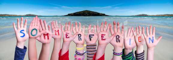 Children Hands Building Word Sommerferien Mean Summer Holdiays, Ocean Background
