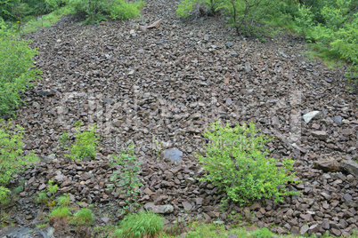 Stone landslide under spring rain, horizontal orientation