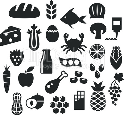 Food products, fruits, vegetables and dairy black isolated vector icon set