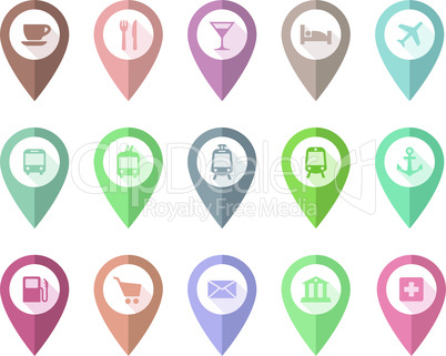 Location pin pointer vector set with cafe, restaurant, hotel, bus icons