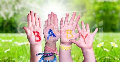Children Hands Building Word Baby, Grass Meadow