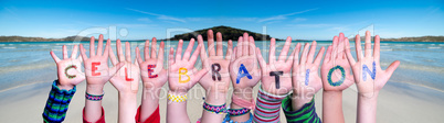 Children Hands Building Word Celebration, Ocean Background