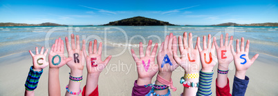Children Hands Building Word Core Values, Ocean Background