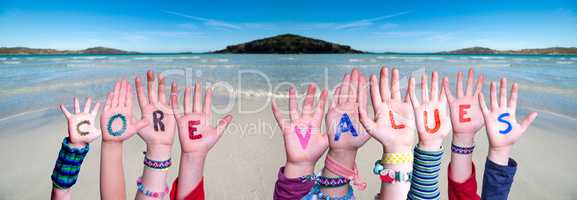 Children Hands Building Word Core Values, Ocean Background