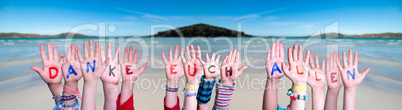 Kids Hands Holding Word Danke Euch Allen Means Thank You All, Ocean Background