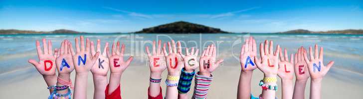 Kids Hands Holding Word Danke Euch Allen Means Thank You All, Ocean Background